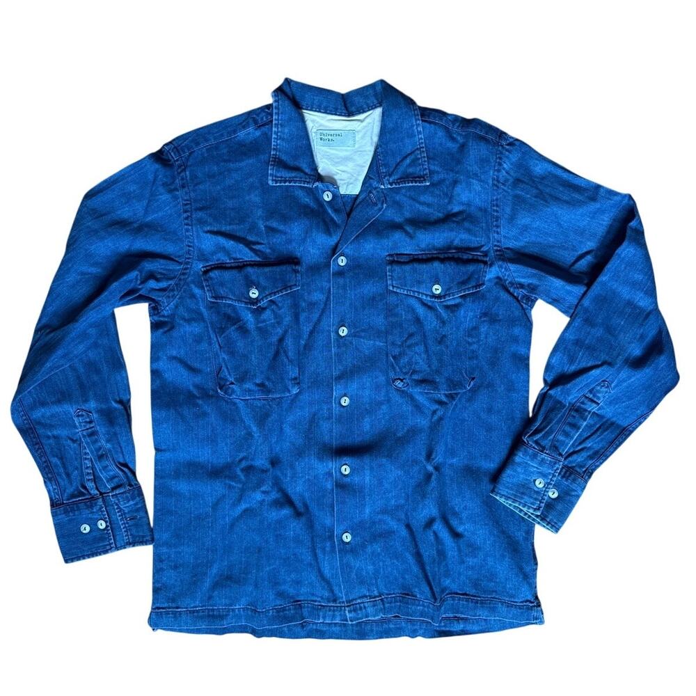 Universal Works Attendant Shirt Herringbone Rec. Cotton Washed Indigo Size Small